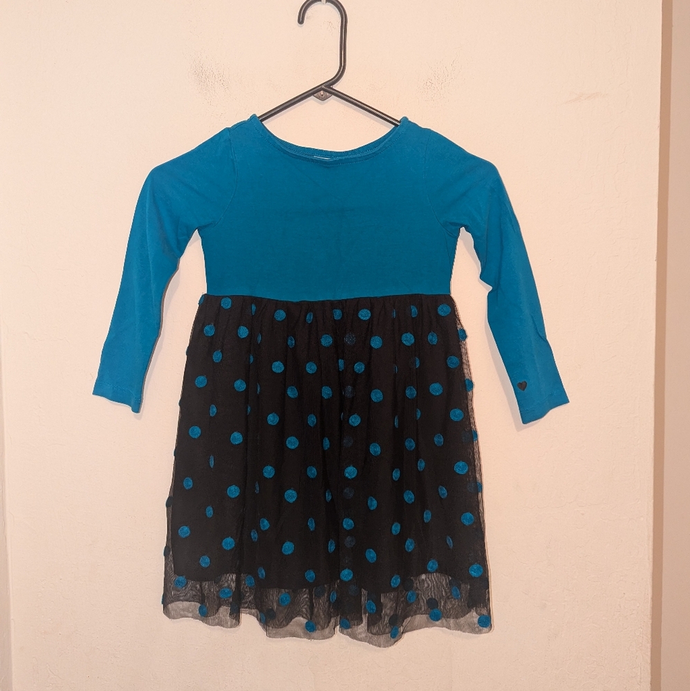 Hanna Andersson Blue/ Black Polka Dot Mesh Bottom Long Sleeve Dress Size 5/110